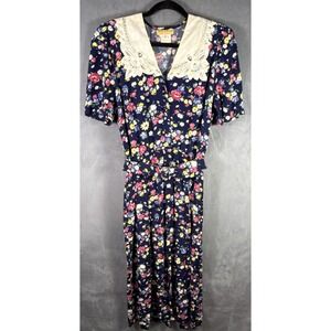 VTG 80s Jane Singer Blue Floral Belted Dress Lace Collar Puff Sleeves 12
